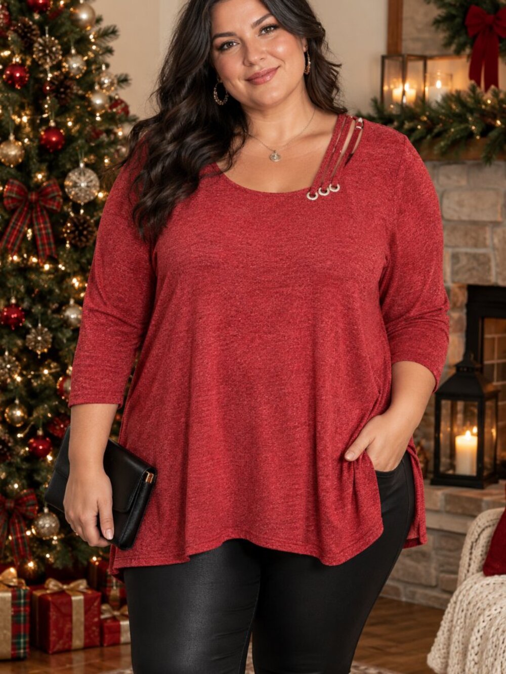 Style & Co Red Long Sleeve Top Size 2X Plus Shoulder Strap Detail